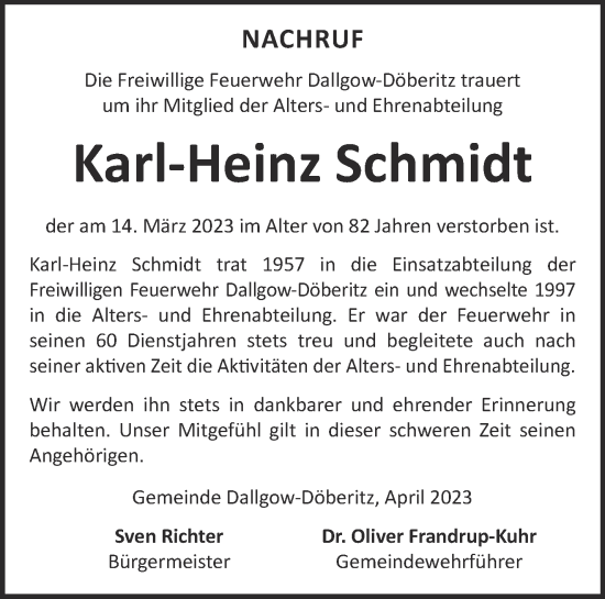 Traueranzeige von Karl-Heinz Schmidt von Märkische Oderzeitung