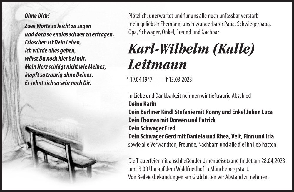  Traueranzeige für Karl-Wilhelm Leitmann vom 22.04.2023 aus Märkische Oderzeitung