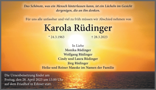 Traueranzeige von Karola Rüdinger von Märkische Oderzeitung