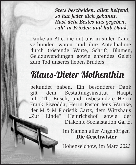 Traueranzeige von Klaus-Dieter Molkenthin von Märkische Oderzeitung