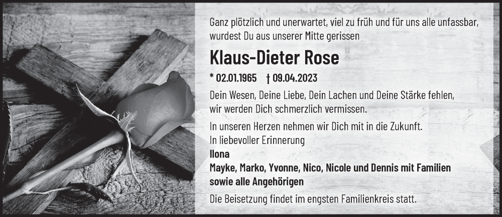  Traueranzeige für Klaus-Dieter Rose vom 15.04.2023 aus Märkische Oderzeitung