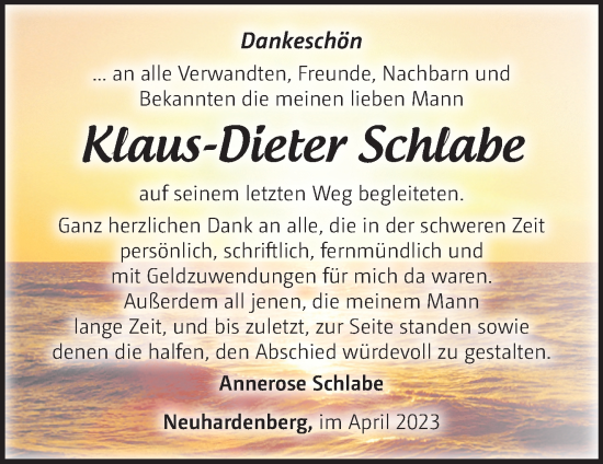 Traueranzeige von Klaus-Dieter Schlabe von Märkische Oderzeitung