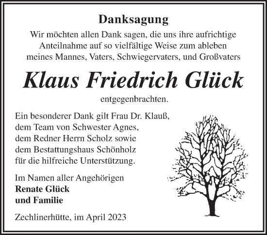 Traueranzeige von Klaus Friedrich Glück von Märkische Oderzeitung