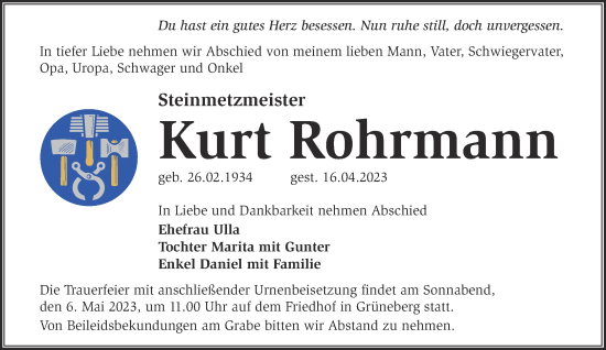 Traueranzeige von Kurt Rohrmann von Märkische Oderzeitung