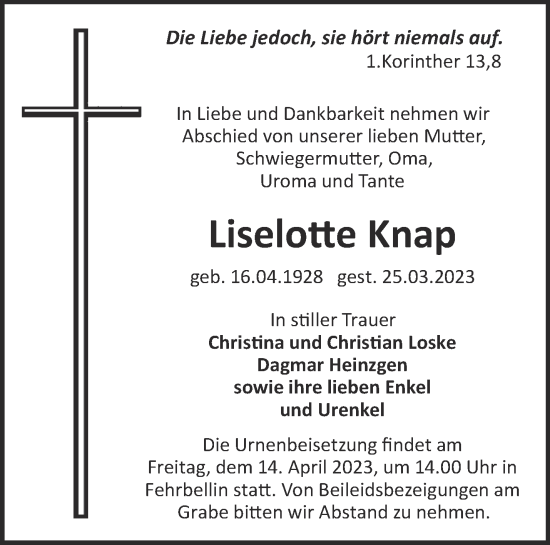 Traueranzeige von Liselotte Knap von Märkische Oderzeitung