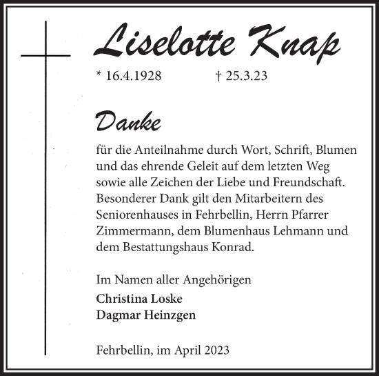 Traueranzeige von Liselotte Knap von Märkische Oderzeitung