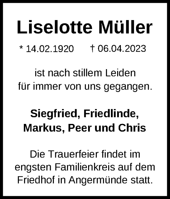 Traueranzeige von Liselotte Müller von Märkische Oderzeitung