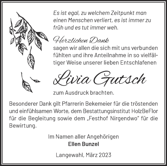 Traueranzeige von Livia Gutsch von Märkische Oderzeitung