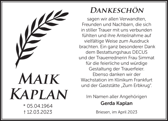 Traueranzeige von Maik Kaplan von Märkische Oderzeitung