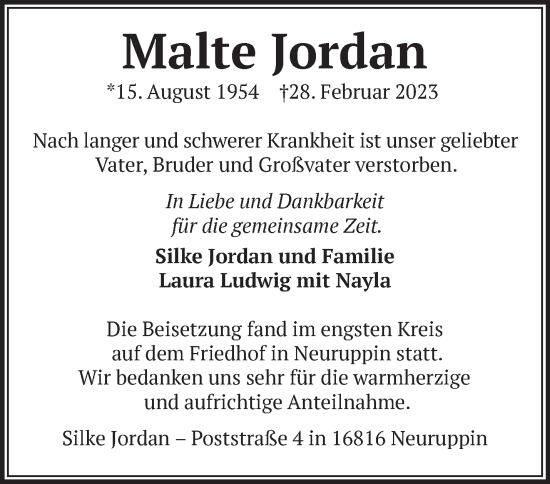 Traueranzeige von Malte Jordan von Märkische Oderzeitung