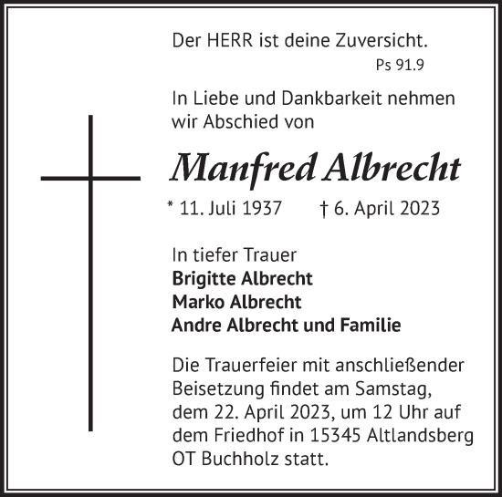 Traueranzeige von Manfred Albrecht von Märkische Oderzeitung