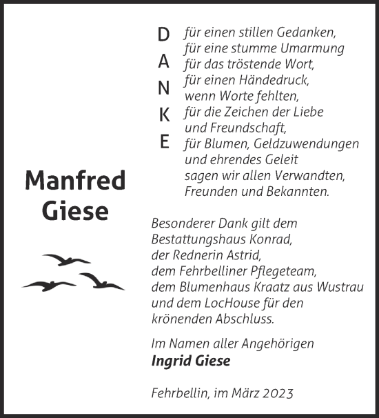 Traueranzeige von Manfred Giese von Märkische Oderzeitung