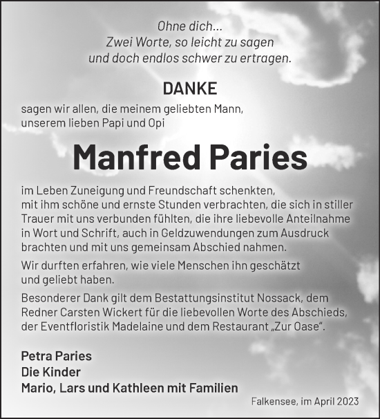 Traueranzeige von Manfred Paries von Märkische Oderzeitung