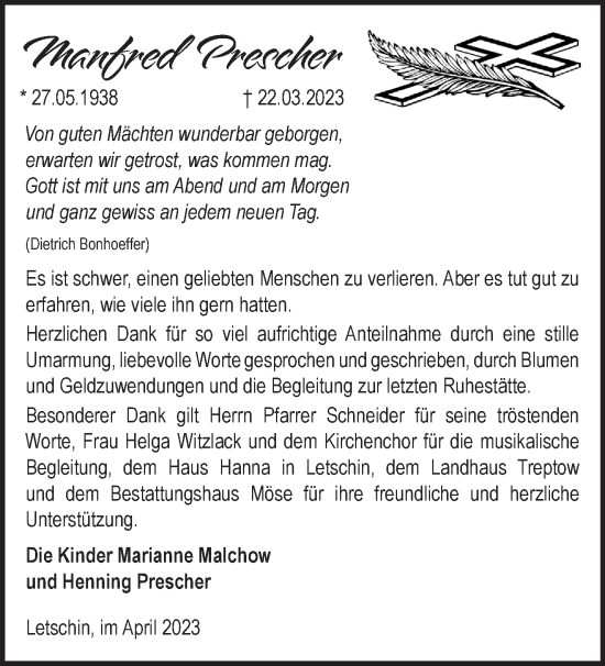 Traueranzeige von Manfred Prescher von Märkische Oderzeitung