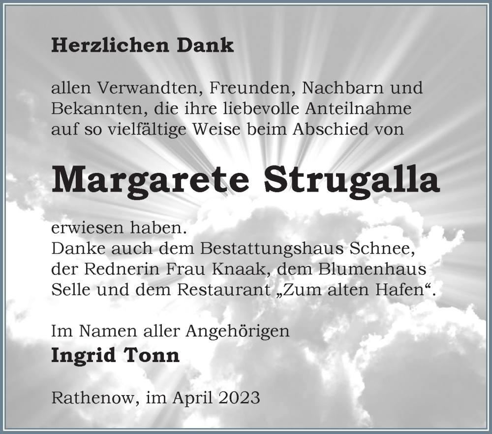  Traueranzeige für Margarete Strugalla vom 02.04.2023 aus Märkische Oderzeitung