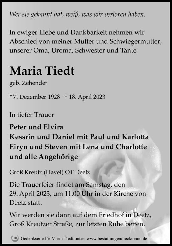 Traueranzeige von Maria Tiedt von Märkische Oderzeitung