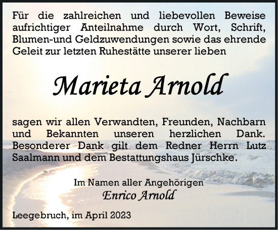 Traueranzeige von Marieta Arnold von Märkische Oderzeitung