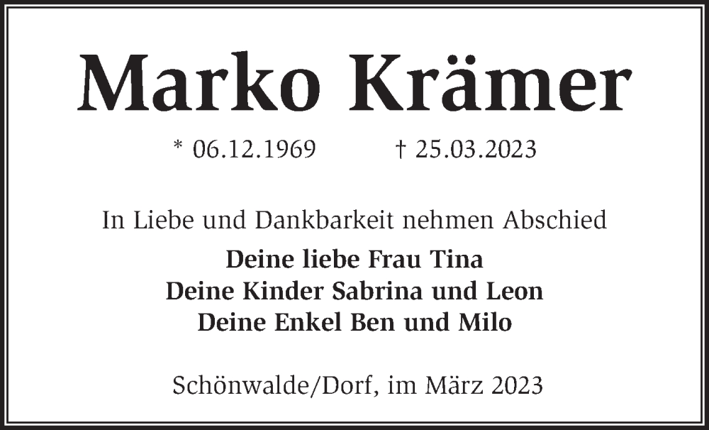  Traueranzeige für Marko Krämer vom 02.04.2023 aus Märkische Oderzeitung