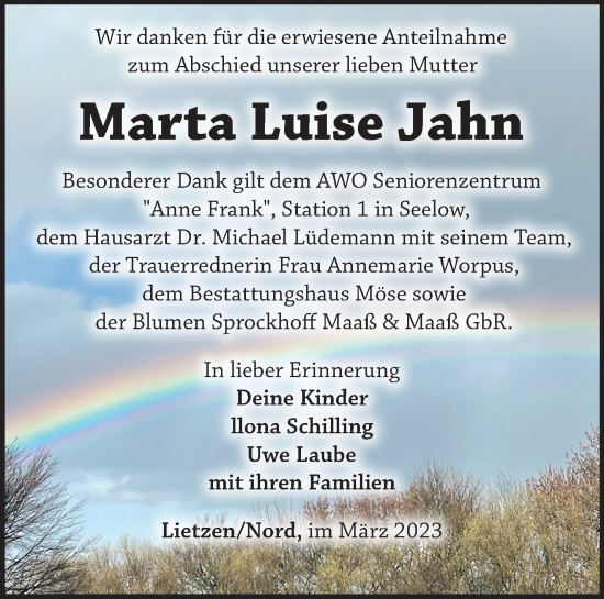 Traueranzeige von Marta Luise Jahn von Märkische Oderzeitung