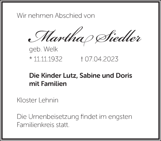 Traueranzeige von Martha Siedler von Märkische Oderzeitung