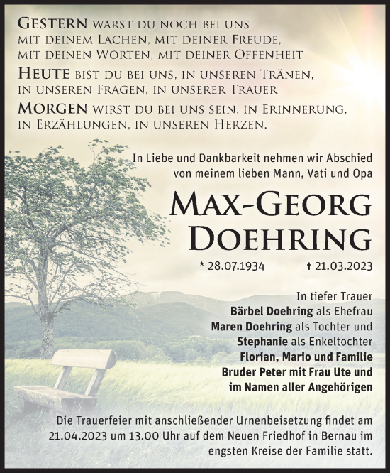 Traueranzeige von Max-Georg Doehring von Märkische Oderzeitung