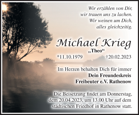 Traueranzeige von Michael Krieg von Märkische Oderzeitung