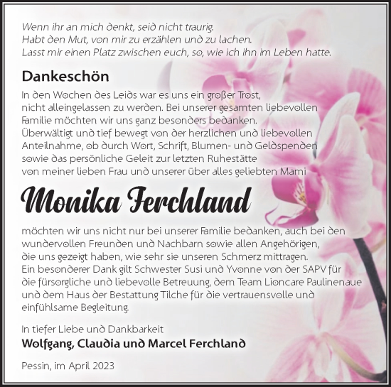 Traueranzeige von Monika Ferchland von Märkische Oderzeitung