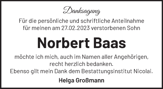 Traueranzeige von Norbert Baas von Märkische Oderzeitung