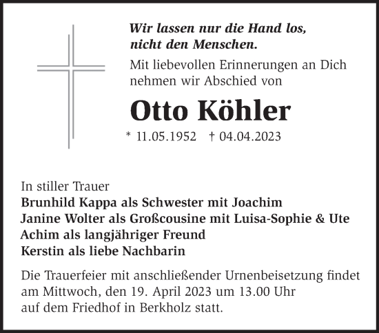 Traueranzeige von Otto Köhler von Märkische Oderzeitung