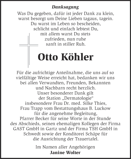 Traueranzeige von Otto Köhler von Märkische Oderzeitung