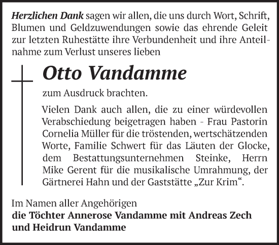 Traueranzeige von Otto Vandamme von Märkische Oderzeitung