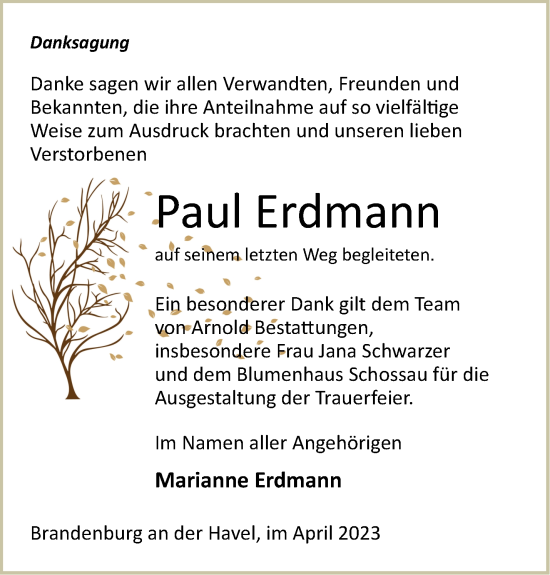 Traueranzeige von Paul Erdmann von Märkische Oderzeitung