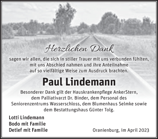 Traueranzeige von Paul Lindemann von Märkische Oderzeitung