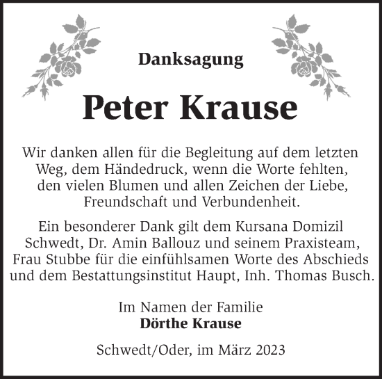 Traueranzeige von Peter Krause von Märkische Oderzeitung