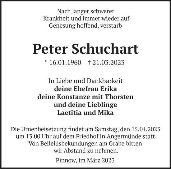 Traueranzeige von Peter Schuchart von Märkische Oderzeitung