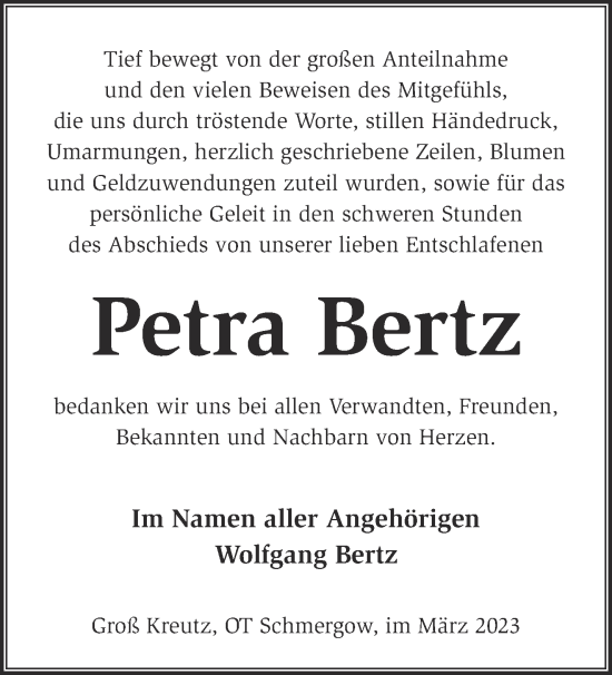 Traueranzeige von Petra Bertz von Märkische Oderzeitung