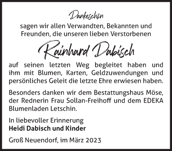 Traueranzeige von Rainhard Dabisch von Märkische Oderzeitung