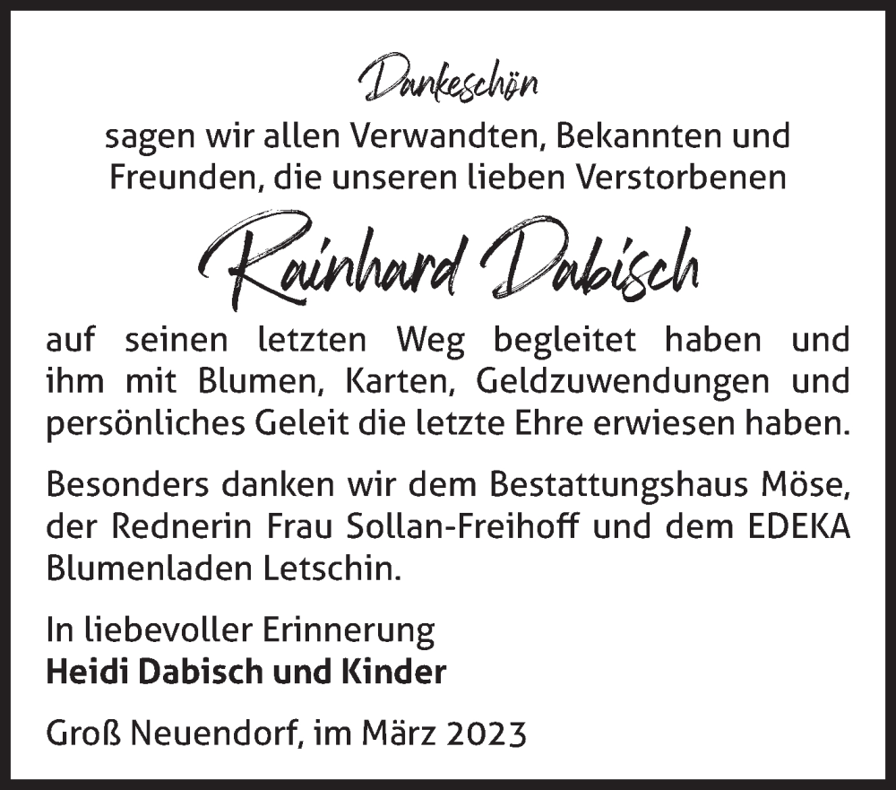  Traueranzeige für Rainhard Dabisch vom 01.04.2023 aus Märkische Oderzeitung