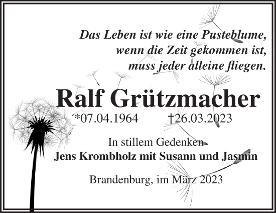 Traueranzeige von Ralf Grützmacher von Märkische Oderzeitung