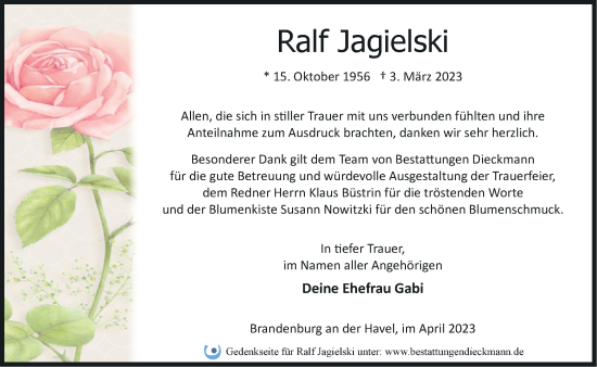 Traueranzeige von Ralf Jagielski von Märkische Oderzeitung