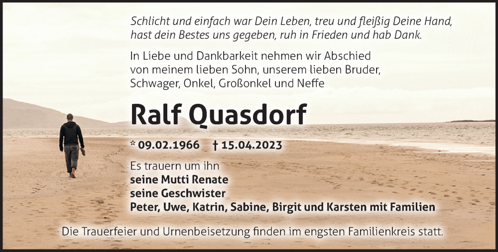  Traueranzeige für Ralf Quasdorf vom 25.04.2023 aus Märkische Oderzeitung