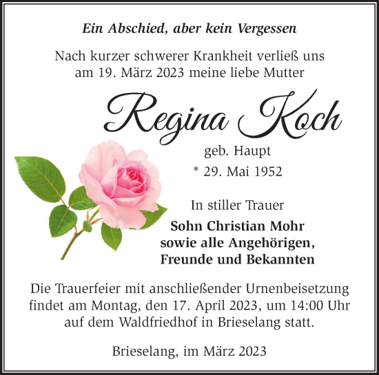 Traueranzeige von Regina Koch von Märkische Oderzeitung