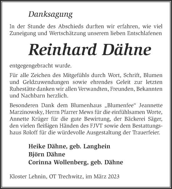 Traueranzeige von Reinhard Dähne von Märkische Oderzeitung