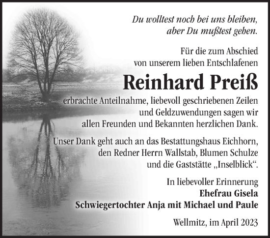 Traueranzeige von Reinhard Preiß von Märkische Oderzeitung