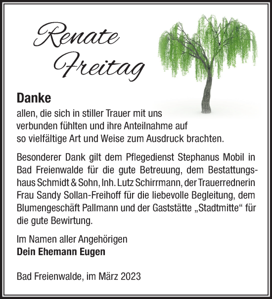 Traueranzeige von Renate Freitag von Märkische Oderzeitung