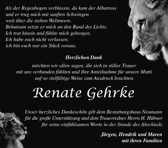 Traueranzeige von Renate Gehrke von Märkische Oderzeitung