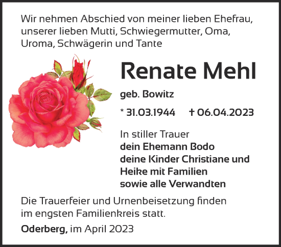 Traueranzeige von Renate Mehl von Märkische Oderzeitung