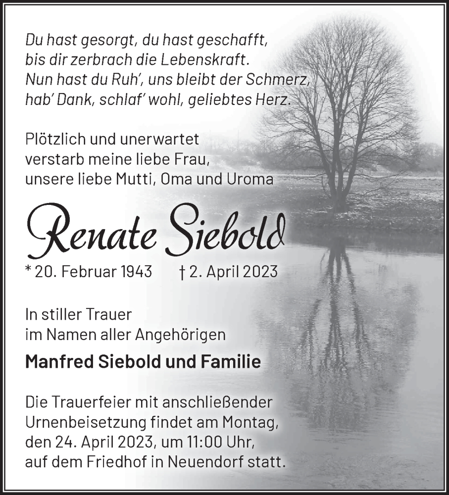  Traueranzeige für Renate Siebold vom 15.04.2023 aus Märkische Oderzeitung