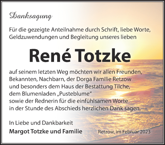 Traueranzeige von Rene Totzke von Märkische Oderzeitung
