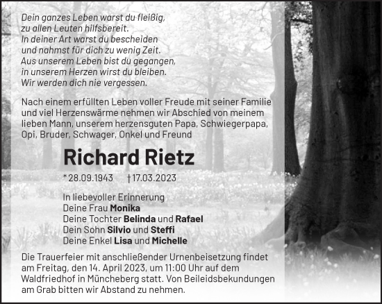 Traueranzeige von Richard Rietz von Märkische Oderzeitung